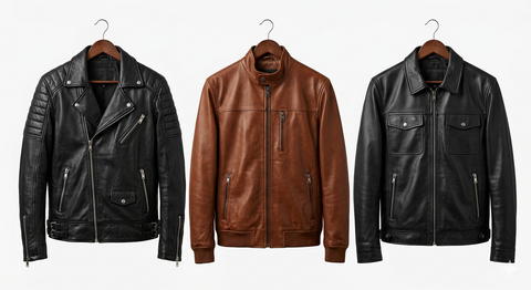 Collection of premium men's leather jackets - black biker style, brown casual jacket, and classic black cowhide leather jackets displayed on hangers