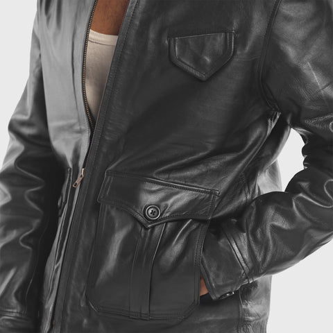 Premium cowhide leather jacket close up