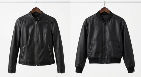 Women's leather jacket styles - black racer jacket and urban bomber jacket for women displayed side by side