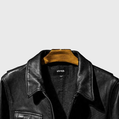 Maverick black leather jacket collar detail