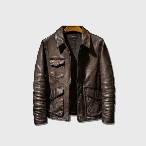 The Maverick men’s brown cowhide leather jacket with classic front zip design