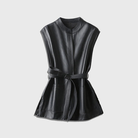 The Vest women’s brown leather vest jacket with modern sleeveless style