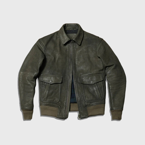 Men's olive green leather jacket with a collar, two pockets, and a zipper front.