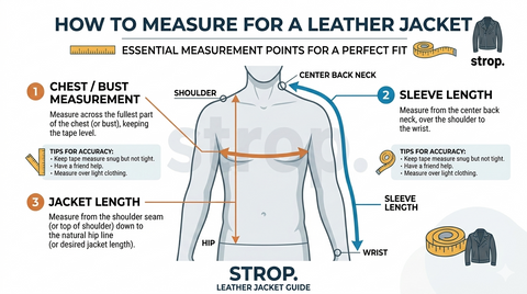 Leather jacket sizing guide - measurements for chest, sleeve length, and jacket  length with proper measurement points highlighted