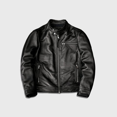 Black cowhide motorcycle leather jacket front view - biker style