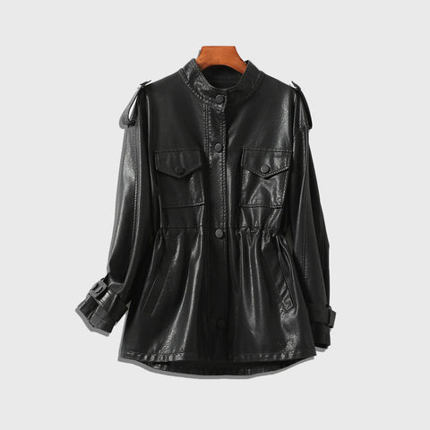 The Drawstring women’s brown leather jacket with adjustable waist design