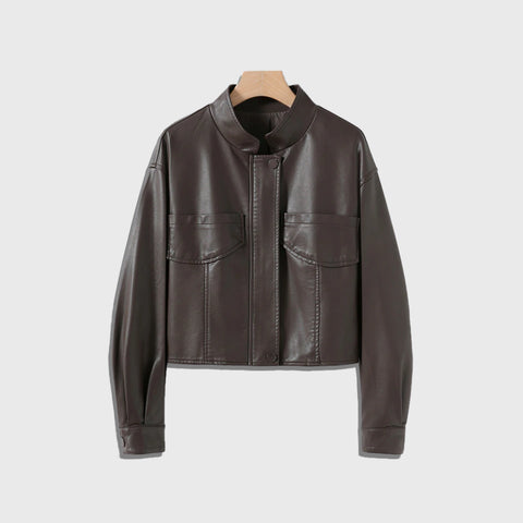The Moto women’s brown biker leather jacket with bold motorcycle inspired design