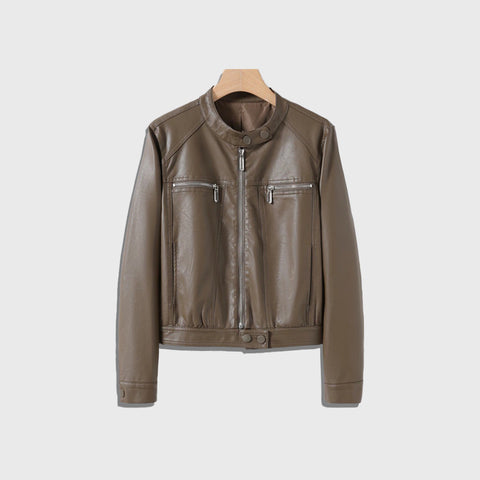 Women's Coffee Leather Racer Jacket