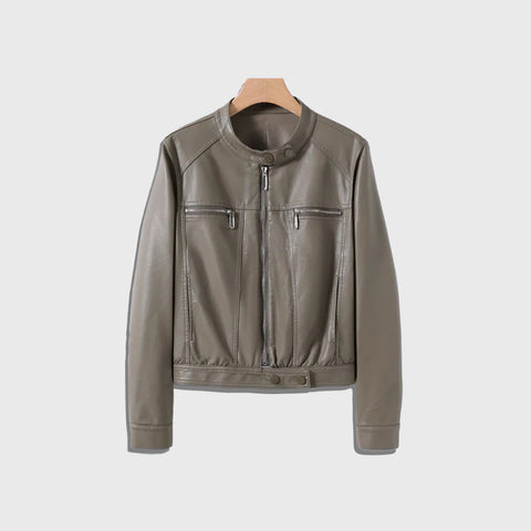 Women's Olive Leather Racer Jacket